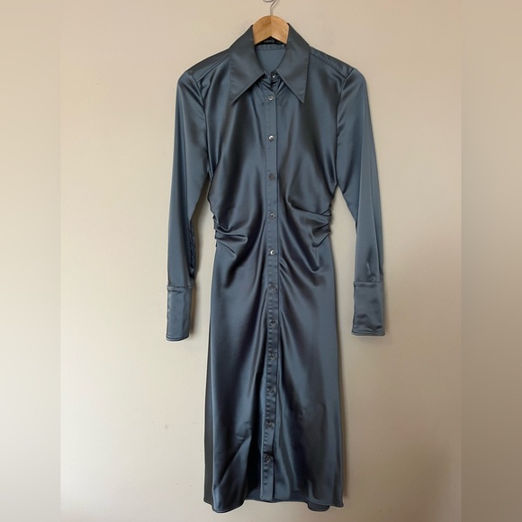 Mango Satin Ruched Shirt Dress – Slate Blue – Size Small - Picture 4 of 10